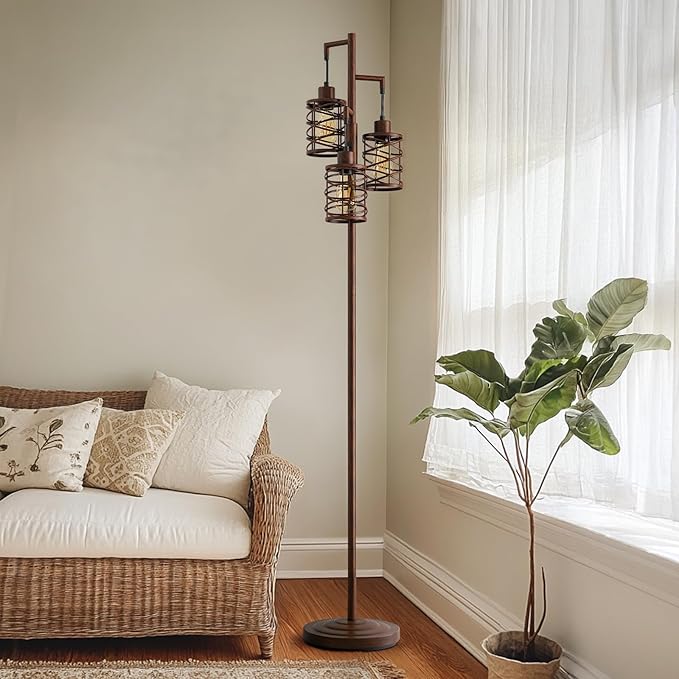 Oneach 70" Industrial Floor Lamp, Stepless Dimmable Standing Lamp with 3 Bulbs, Farmhouse Corner Standing Tree Lamp for Living Room, Tall Lamps for Bedroom, Office, Study Room, Dining Room, Walnut