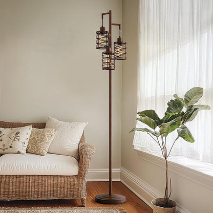 Oneach 70" Industrial Floor Lamp, Stepless Dimmable Standing Lamp with 3 Bulbs, Farmhouse Corner Standing Tree Lamp for Living Room, Tall Lamps for Bedroom, Office, Study Room, Dining Room, Walnut