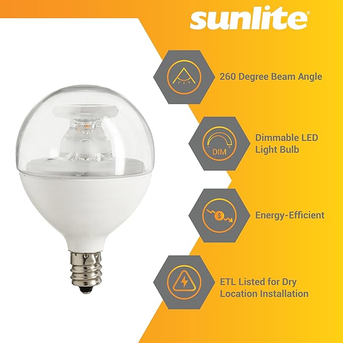 Sunlite G16.5 Light Bulb LED, 7 Watts (60W Equiv.), 500 Lumens, Dimmable, Type G Globe Shape E12 Candelabra Base, Short Bulbs, Vanity Mirror Bulbs, 2700K Soft White, Clear, 3 Count
