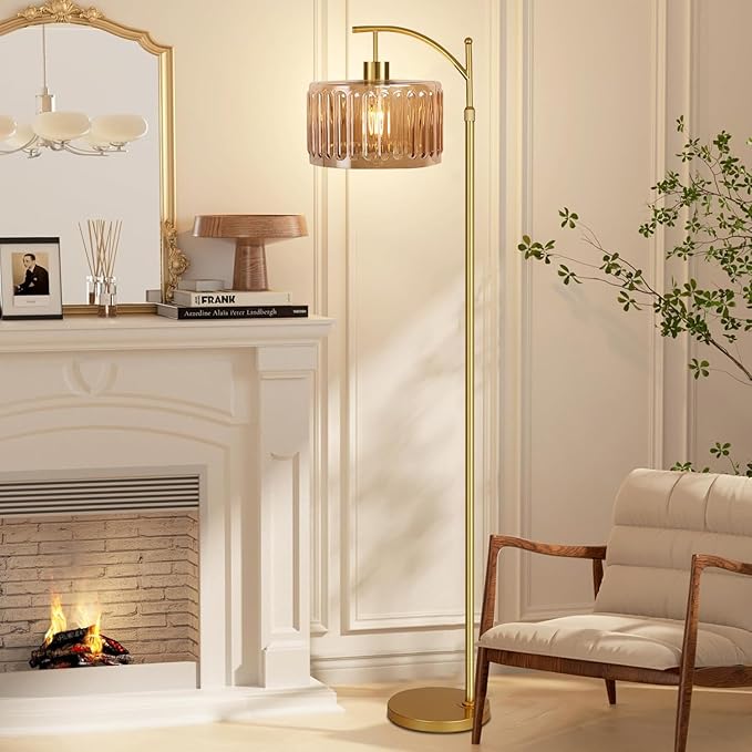 Glass Floor Lamp for Living Room,Bedroom,Gold Mid Century Modern Standing Lamp with Remote,Dimmable Brass Tall Lamp Amber Flower Lamp Vintage Floor Lamps Arc Floor Light Boho Bohemian