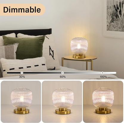 Dimmable Small Glass Table Lamp: Mid Century Modern Nightstand Light With Stained Shade - Small Decorative Brass Desk Lamp - Ribbed Glass Bedside Tables Lamps for Bedroom Living Room Bulb Excluded