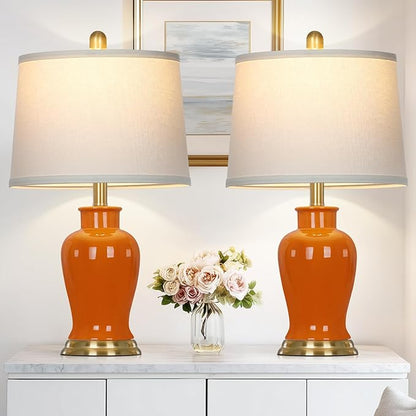 Orange Ceramic Lamps Set of 2, 23" Modern Table Lamps for Living Room, Stylish Bedroom Ginger Jar Lamps, Elegant Bedside Lamp for Night Stand Desk Side End Table Home Decor(Bulbs Included)
