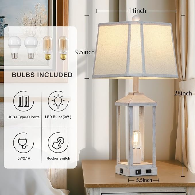 28" Set of 2 Vintage Table Lamps for Living Room，Farmhouse Industrial Nightstand Lamp with USB C+A & Outlet ，White Bedside Lamps for End Table with Nightlight, Bell Lampshades for Bedroom Nightstand