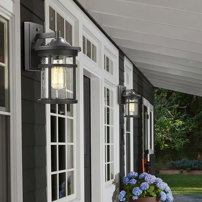 Dusk to Dawn Outdoor Wall Lighting Outdoor Wall Lantern with Sensor Exterior Wall Light Anti-Rust Porch Light Fixtures Wall Mount Waterproof Wall Sconce with Seeded Glass for House Patio Garage