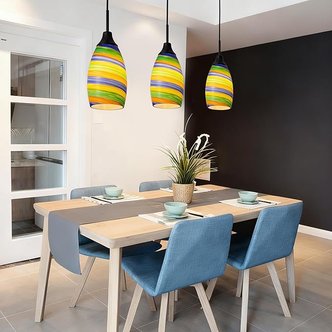 Mini Glass Pendant Light,4.72" Rainbow Hanging Lights 1-Pack Handblown Oval Rainbow Art Glass Hanging Pendant Light for Kitchen Island,Dining Room,Living,Foyer,Hallway, Entry