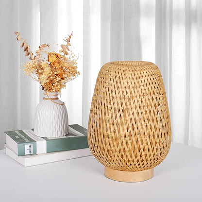 Bamboo Table Lamp for Bedroom,Boho Rattan Bedside Lamp, Vintage Wooden Wicker Nightstand Lamp Shade for Farmhouse, Desktop, Handmade Rustic Indirect Lighting