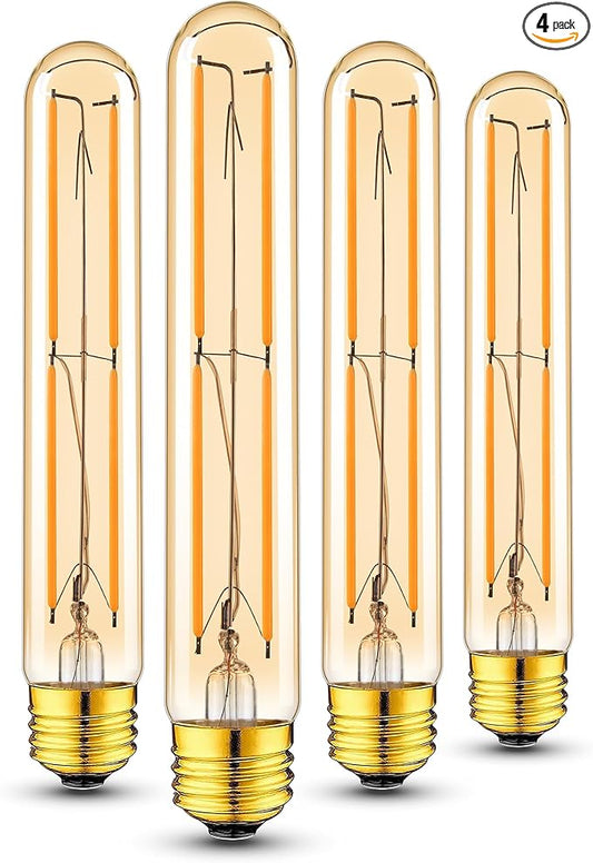 Tubular Light Bulb 7.3 Inch Dimmable T10 LED Bulb E26 6W 60 Watts Edison Bulbs Amber 2200K Warm White,185mm Long for Wall Sconces, Pendant, Livingroom, 4-Pack