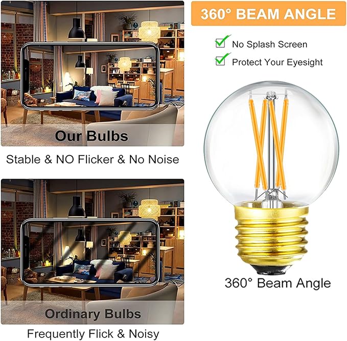 Leools Dimmable g16.5 led Bulb 40W g16 1/2 led Edison Bulb 2700K 4W e26 led Globe Bulb for Ceiling Fan,Chandelier,Vanity Light Bulb AC120V G50 400lm 6Pack