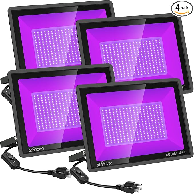 4 Pack 400W LED Flood Black Lights,395nm to 405nm UV Outdoor Flood High Power Blacklight Light with Plug in, IP66 Waterproof Large Black Light Spotlight for Glow Party Large Space, Halloween