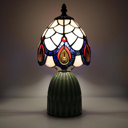 Tiffany Lamp Stained Glass Mushroom Table Lamps 6X6X12.5 Inch Pink Peacock Tail Style Small Night Light Ceramic Base Mini Accent Desk Light Suitable for Bedside Table Bedroom Children Room