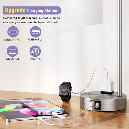 Innqoo Industrial Nickel Table Lamps for Bedrooms Set of 2-3-Way Dimmable Desk Lamp with USB C+A Ports and Outlet, Sliver Lamps with Striped White Glass Shade for Living Room