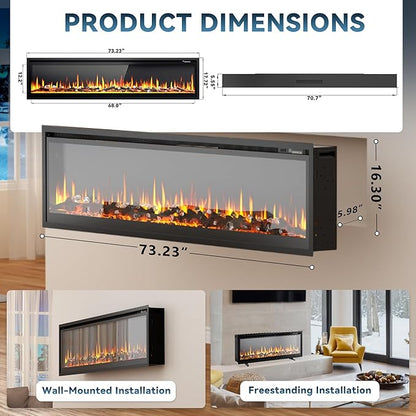 EUHOMY 73 Inch Electric Fireplace Recessed Wall Mounted Freestanding with Remote Control, Ultra-thin Fireplace Heater with Adjustable Flame Color, Linear Fireplace with Timer, Log & Crystal, 750/1500W