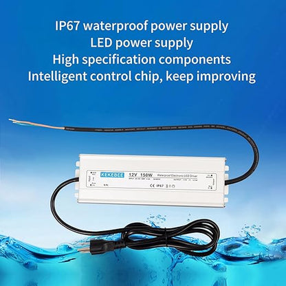 LED Driver 12V150W Waterproof IP67 Power Transformer AC90-130V to DC 12V12.5A Low Voltage Switching Power Supply with 3-pin US Plug for Indoor and Outdoor LED Light Strips and 12V DC Devices