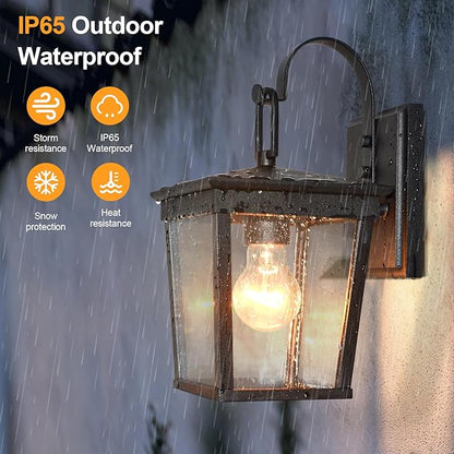ALVIME Outdoor Wall Light Fixtures, 11 Inch 2 Pack Black Waterproof Outdoor Sconce Lights, Exterior Wall Lanterns, Porch Outside Lighting for Entryway, Backyard, Patio, E26 Base, Clear Seeded Glass