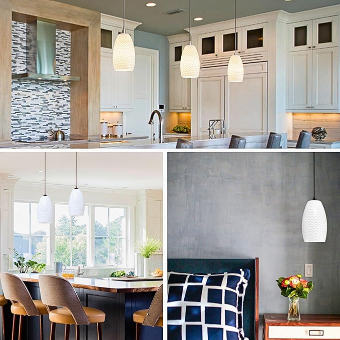 GO&SO 2-Pack Milky-White Ripple Oval Glass Lamp Shades - Hand-Blown Art Glass Pendant Light Fixture, E26 Base, 7.8"H, 1.57" Fitter, Mini Chandelier Replacement Shades Set for Kitchen Dining Room