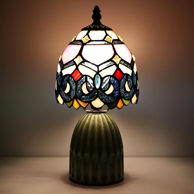 Tiffany Lamp Stained Glass Mushroom Table Lamps 6X6X12.5 Inch Pink Jewelry Baroque Style Small Night Light Ceramic Base Mini Accent Desk Light Suitable for Bedside Table Bedroom Children Room
