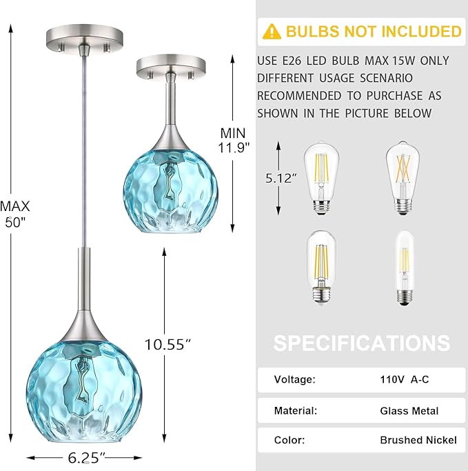 6.3" Blue Texture Glass Rod Pendant Light 3 Pack Pendant Ceiling Light Fixture Brushed Nickel Finish Modern Farmhouse Dinning Over Sink Adjustable Height Cord