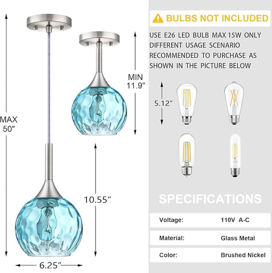 6.3" Blue Texture Glass Rod Pendant Light 3 Pack Pendant Ceiling Light Fixture Brushed Nickel Finish Modern Farmhouse Dinning Over Sink Adjustable Height Cord