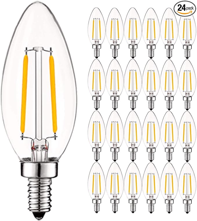 LUXRITE 4W Vintage Candelabra LED Bulbs Dimmable, 400 Lumens, 3000K Soft White, LED Chandelier Light Bulbs 40W Equivalent, Clear Glass, Filament Candle Bulb, UL Listed, E12 Base (24 Pack)