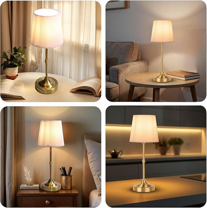 Rechargeable Table Lamp, Cordless Touch Lamps, Portable Desk Light with Stepless Dimmable Brightness & Fabric Shade for Nightstand Bedside Living Room (Gold, Twill)