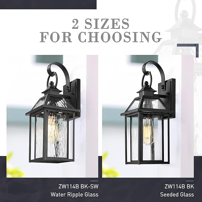 zeyu Exterior Wall Porch Light, 16.3 Inch Outdoor Wall Light Fixture for House in Black Finish, Die-Cast Aluminum with Water Ripple Glass, ZW114B BK-SW