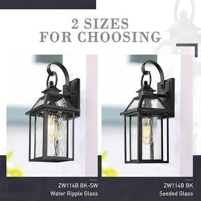 zeyu Exterior Wall Porch Light, 16.3 Inch Outdoor Wall Light Fixture for House in Black Finish, Die-Cast Aluminum with Water Ripple Glass, ZW114B BK-SW
