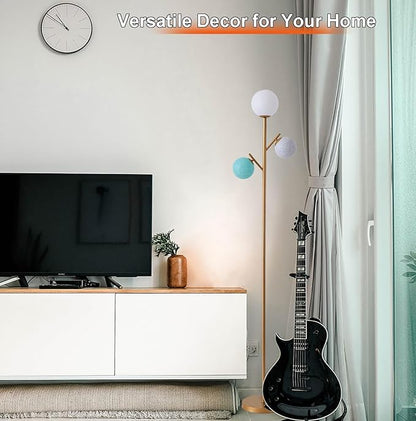 Fiqevs Contemporary 3 Head Gold Globe Floor Lamp with 3 Multicolored Sphere Shades and Bulbs Included, Standing Tree Lamp for Kids Bedroom Playroom Living Room Office