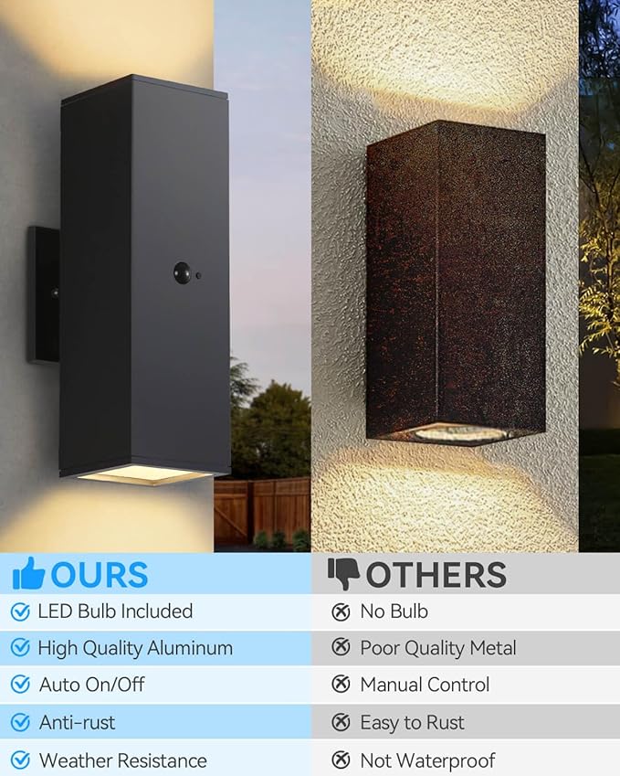 Motion Sensor Outdoor Lights, Modern Outdoor Wall Lights Black Exterior Light Fixture with E26 Base, Square Motion Detector Lights for Outside, Waterproof Sconce for House Porch, Bulbs Included