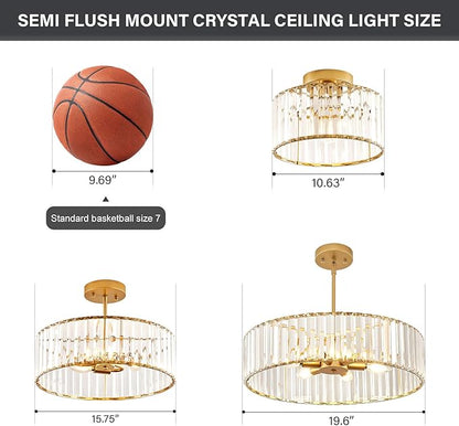 Modern Gold Semi Flush Mount Ceiling Light, Crystal Dining Room Chandelier Light Fixture, 6-Light Drum Lighting Fixtures for Foyer Kitchen Living Room Bedroom (19.6 inch)