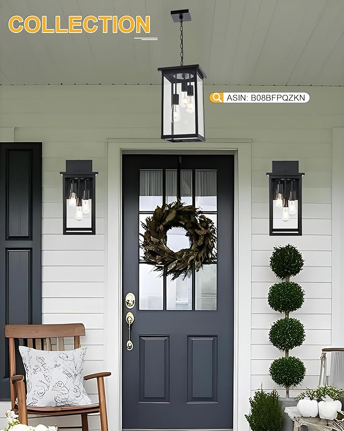TODOLUZ 2-Pack Large Outdoor Wall Light Fixtures, Black 3-Light Waterproof Exterior Wall Mounted Sconce Lighting for Garage Porch Patio, E26 Bulb Base