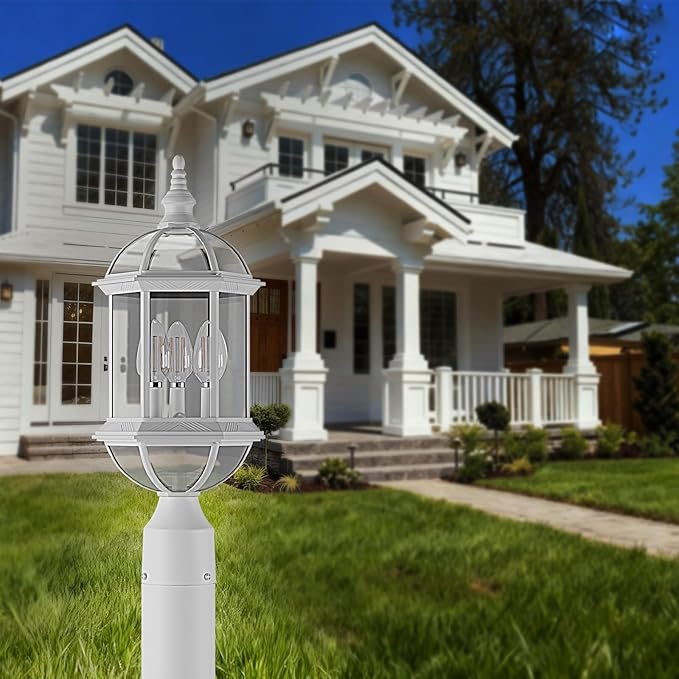 White Outdoor Post Light,19.21" 3-Light Lamp Post Light Fixture,Waterproof Anti-Rust Aluminum Pole Lights Outside Lantern for Garden,Yard,Patio,Pathway Lighting
