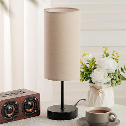 Small Bedside Table Lamp for Bedroom, Round Linen Shade and Black Metal Base, Rustic Minimalist Night Lamps for Nightstand, Dresser, Living Room, Office, College Dorm, Warm Light, 5W LED Bulb Included