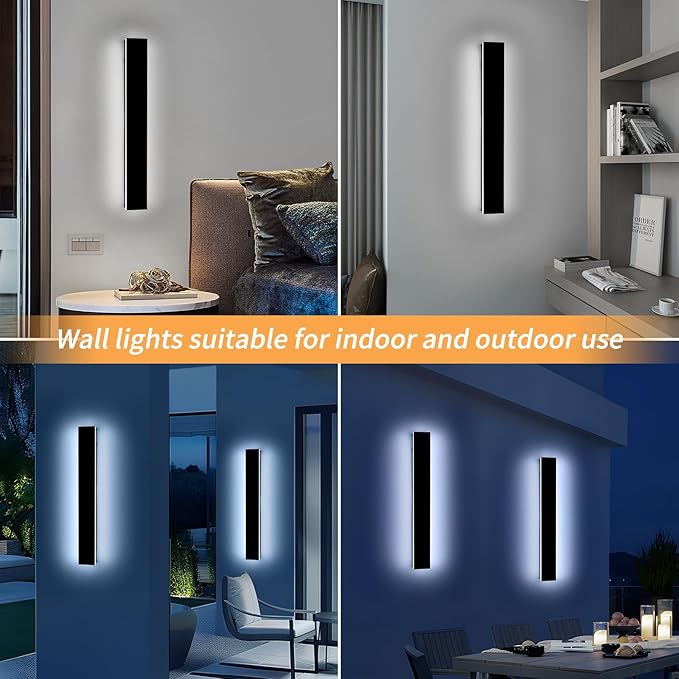 Mikeru 23.6" 2Pack Outdoor Wall Sconce 6000K Cool White - IP65 Waterproof Black Exterior Light, Hardwired Wall Mounted Fixture for Porch, Patio & Entryway | Non-Dimmable Weatherproof Design