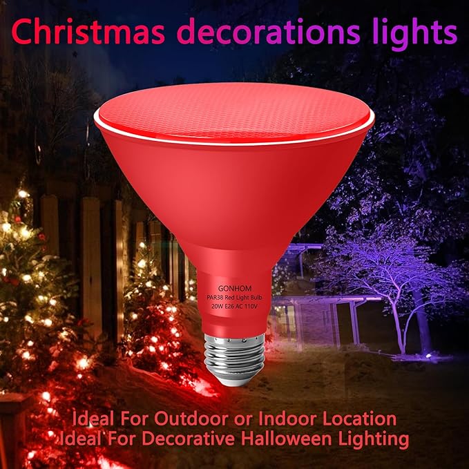 PAR38 Flood Lights Outdoor,Dimmable LED Flood Light Bulbs,20W(Equivalent to 200W),E26 Base,Outdoor Porch,Holiday Lighting,LED Flood Light Bulb for Halloween,Christmas,2 Pack Red