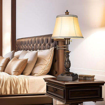 Scenekoy 23.5" High Rustic Traditional 350° Adjustable Swing Arm Table Lamp Set of 2 with USB A+C Ports Brown Finish Cream Shade Vintage Nightstand lamp for Living Room Bedroom Office (Bulb Included)