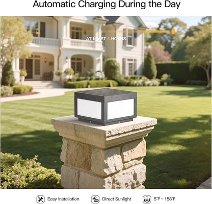Solar Post Lights, 9.8" Modern Pillar Lights Outdoor, Dusk to Dawn Column Light Waterproof, 3000K Square Lamp Fence Posts Cap LED Light Landscape Lighting for Patio Garden Deck Outside Columns