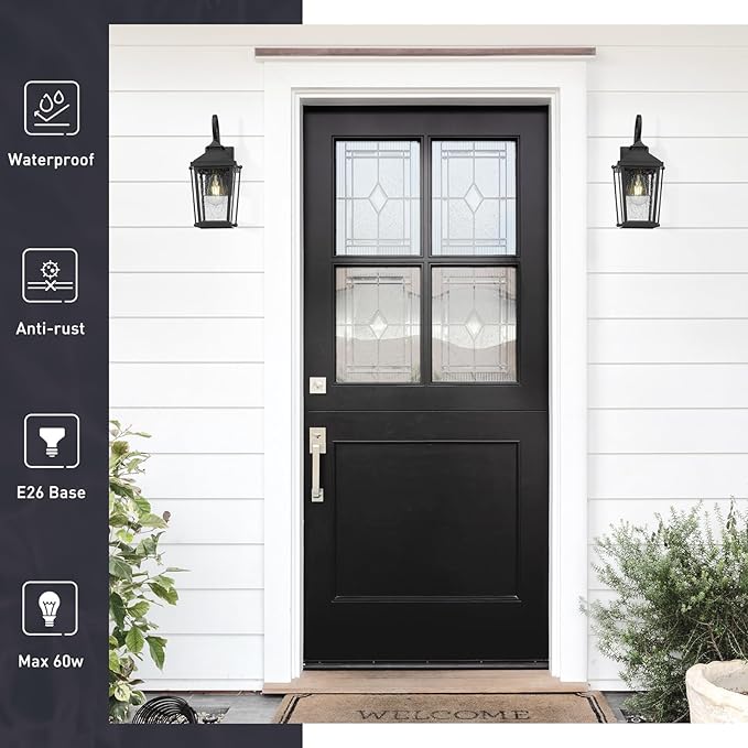 zeyu 2 Pack Outdoor Wall Lights, 16 Inch Exterior Lighting Fixtures for Front Door, Die-Cast Aluminum in Black Finish, Waterproof Seeded Glass, ZW105B-2PK BK