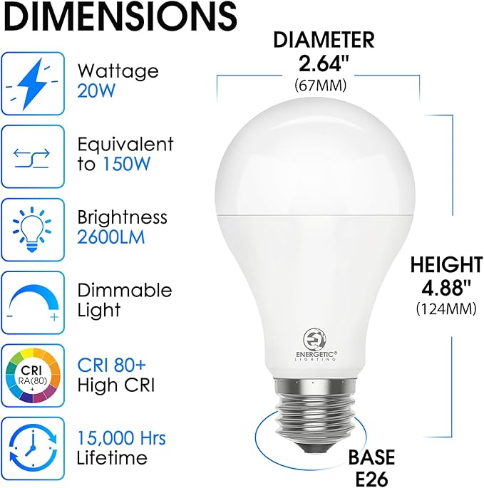 4 Pack Dimmable A21 LED Bulb, 150 Watt Equivalent, Daylight 5000K, 2600LM Super Bright Light Bulbs, E26 Standard Base, Damp Rated, UL Listed