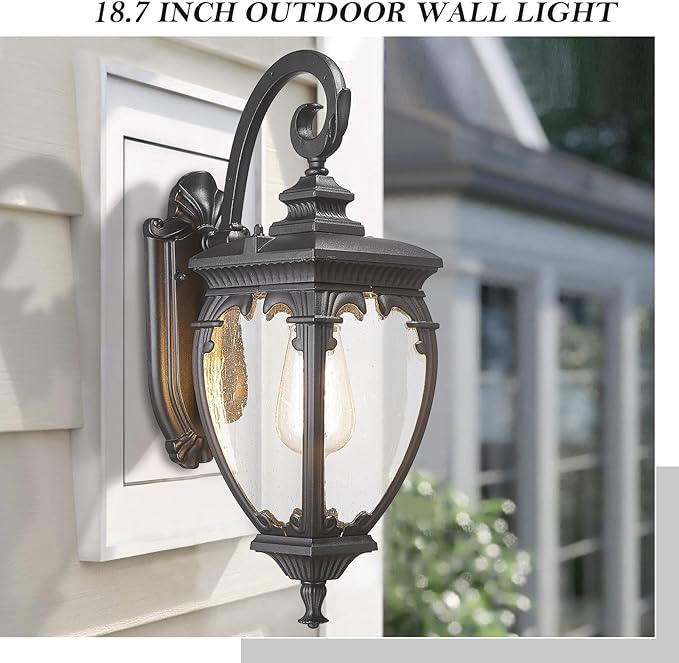 Outdoor Wall Light Fixtures, 18.7 Inch Exterior Wall Lantern Waterproof Sconce, Porch Lights with seeded Glass Shade, Outside Exterior Lights Fixtures for Patio Garage. (Bulbs Not Included)