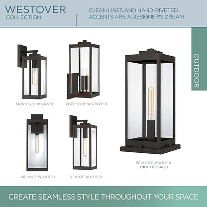 Quoizel Westover Modern Wall Sconce, 14.25 Inch Western Bronze 1-Light Outdoor Light Fixture, Clear Beveled Glass Wall Lantern, 100 W, Industrial Design Wall Light for Porch, Patio, Gazebo or Yard