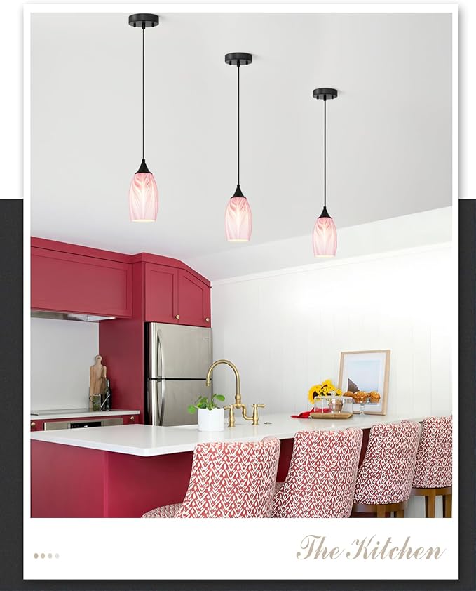 ANYLOVE Vintage Art Pendant Gold-Pink Stripe Lighting,1-Pack Hand Glass Hanging Light Fixture,Adjustable Cord for Kitchen,Hallway,Dining Room
