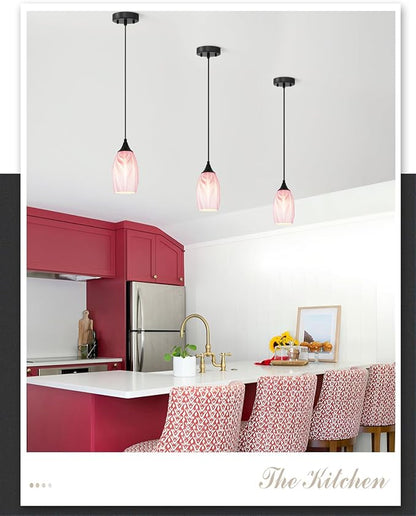 ANYLOVE Vintage Art Pendant Gold-Pink Stripe Lighting,1-Pack Hand Glass Hanging Light Fixture,Adjustable Cord for Kitchen,Hallway,Dining Room