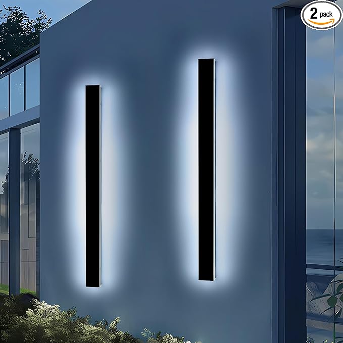 2 Pack 57inch Modern Outdoor Wall Lights, Long Strip Exterior LED Wall Sconce, 6000K Cold White, IP65 Waterproof, 50W, Black Outside Lighting Fixture for Porch, Garden, Fence, Balcony