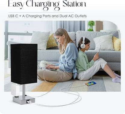 Soilsiu Bedside Lamp with USB Ports - Touch Control Table Lamp for Bedroom with USB C+A Charging Ports & AC Outlets, 3 Way Dimmable Nightstand Light for Living Room (Bulb Included, Black)