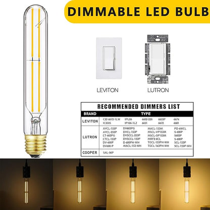 Tubular Light Bulb 7.3 Inch E26 LED Bulb Dimmable 6W 60 Watt Long Light Bulb,Warm White 2700K, AC120V,600LM,T10 led Bulb for Rustic Pendant,Industrial Wall sconces E26 Light Bulbs 4Pack(6W-2700K)