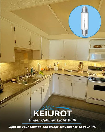 Keiurot Under Cabinet Light Bulbs T3 44MM Festoon 12V 10W Bulb, UnderCabinet Bulb Xenon Festoon Bulbs for Kitchen Boat Marine Ceiling Light Bath2700K,12Pack