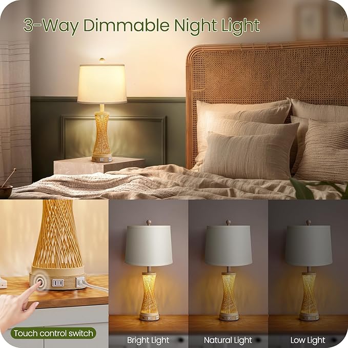 24.4”Farmhouse Rattan Table Lamps Set of 2, Touch Bedside Lamps for Bedroom with 3-Way Dimmable Night Light, USB A+C Charging Ports, Bamboo Boho Nightstand Lamps, White, W04TC05