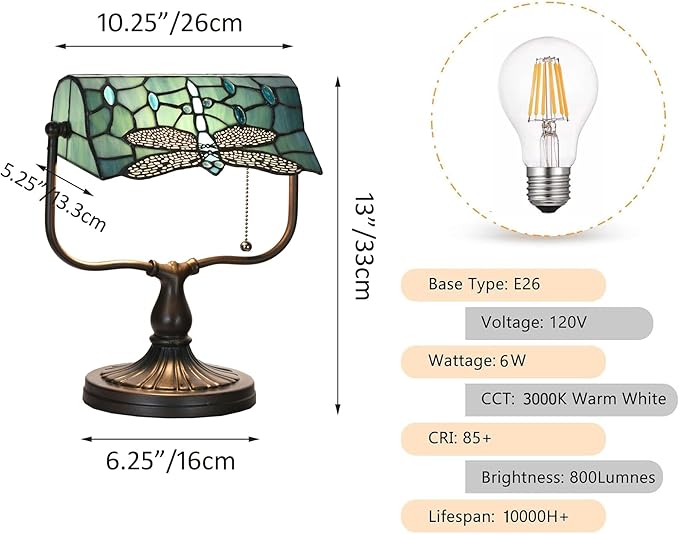 TL0030 Dragonfly Tiffany Banker Desk Lamp Stained Glass Green Shade with Vintage Bronze Base W10.25 X OH13 Inches, Art Nouveau Lamp for Home Office,LED Bulb Included (Dragonfly)