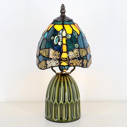 Tiffany Lamp Stained Glass Mushroom Table Lamps 6X6X12.5 Inch Yellow Dragonfly Style Small Night Light Ceramic Base Mini Accent Desk Light Suitable for Bedside Table Bedroom Children Room