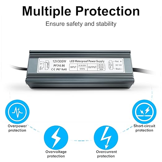 inShareplus 12V 300W Power Supply, AC 80-265V to DC 12 Volt 25A IP67 Waterproof LED Power Supply, Low Voltage Transformer, Outdoor Driver with 3-Prong Plug 3.3 Feet Cable for LED Light, Outdoor Use